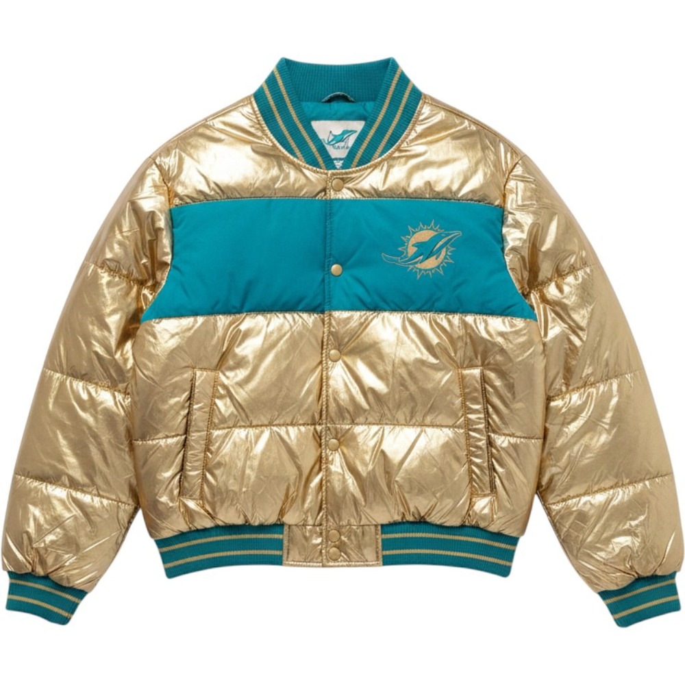 NFL Miami Dolphins Womens Puffer Snap Bomber Jacket Metallic Gold  XLarge NEW